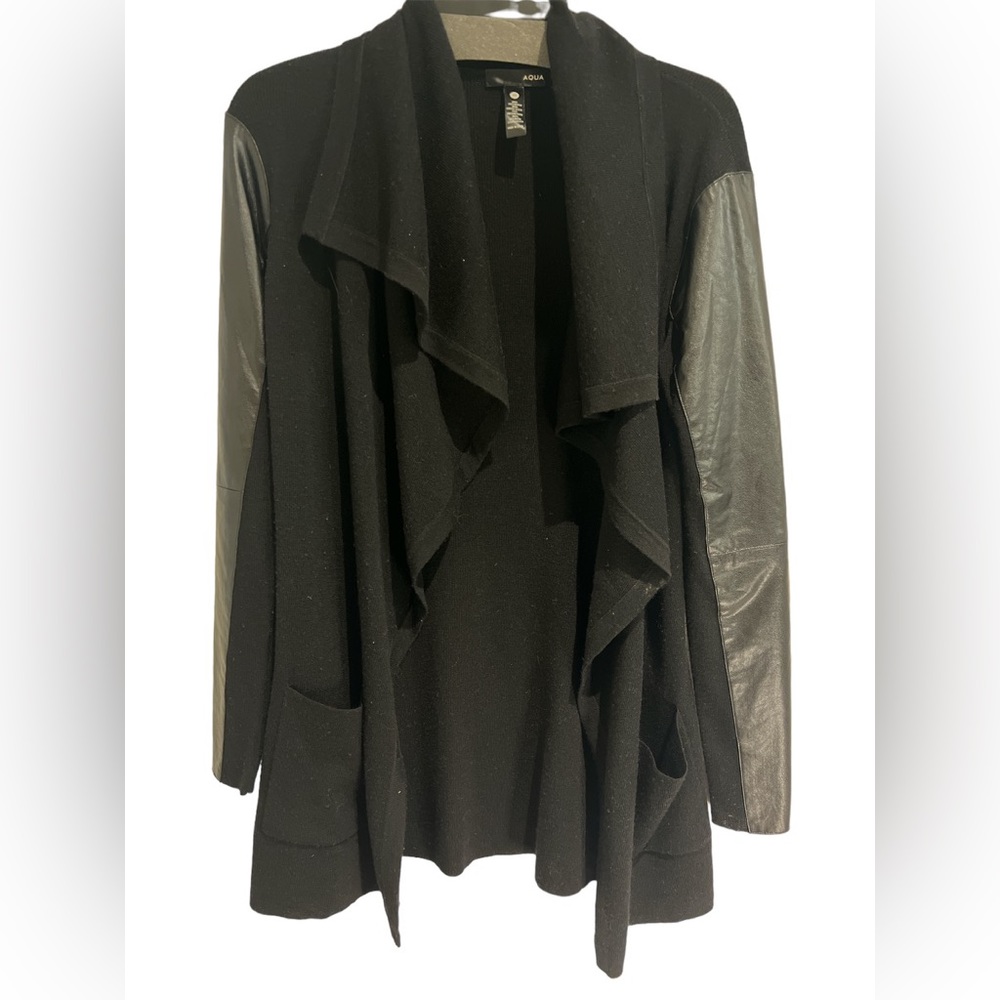 Aqua Black Cardigan with Pleather Sleeves